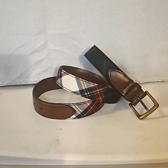 J. Crew Accessories - J Crew Moon Plaid Genuine Leather Belt sz 34 Brass hardware Pre-owned